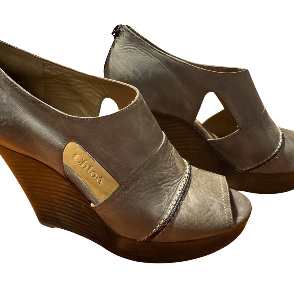 Chloe - gray leather peep toe wedge heels
